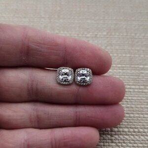 Sterling Silver Square Cubic Zirconia Halo Stud Earrings A3401